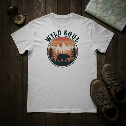 White crewneck T-shirt with Wild Soul bear camping badge graphic