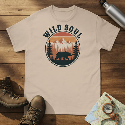 Bear camping graphic t-shirt, beige crew neck with circular Wild Soul logo