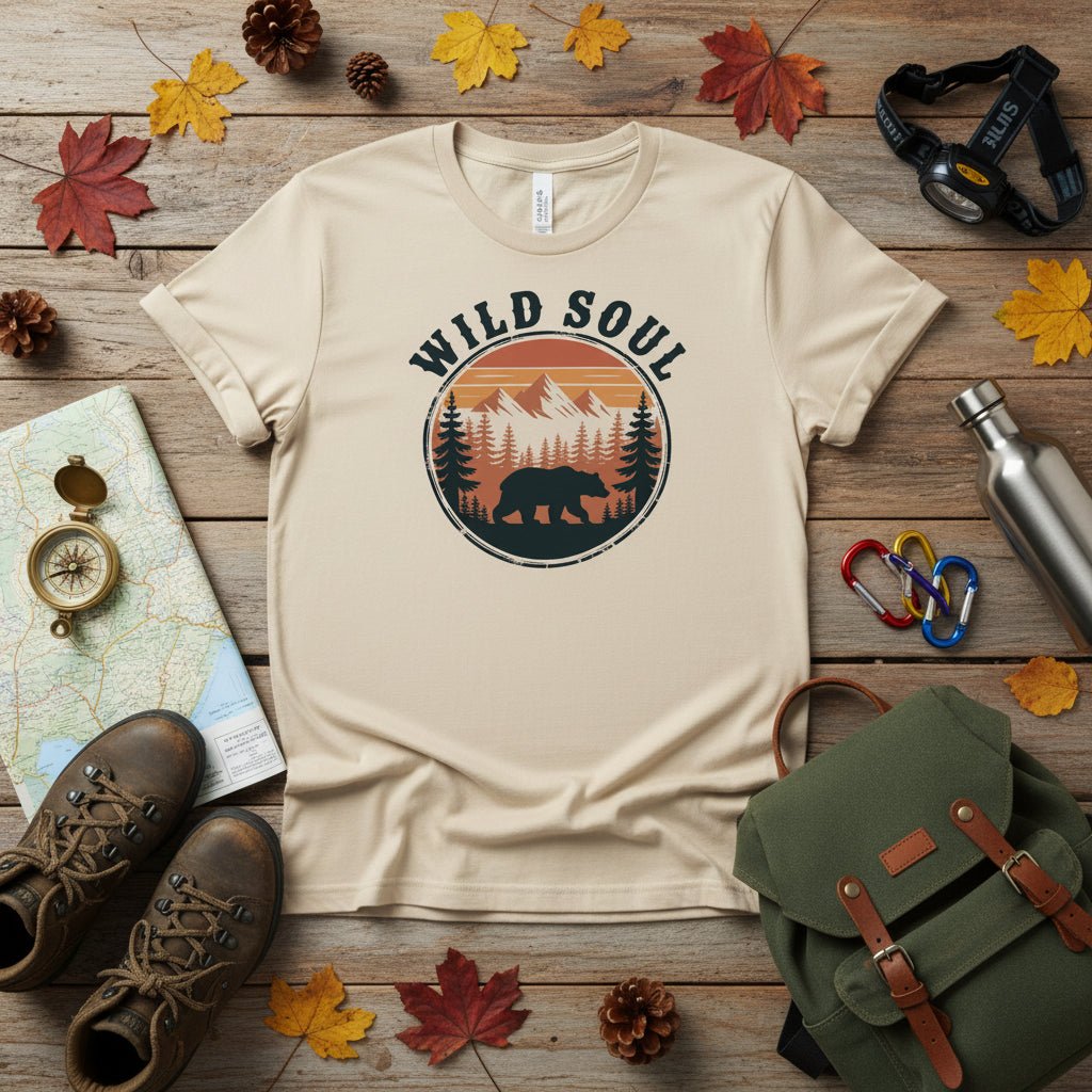 Beige crewneck T-shirt with Wild Soul bear camping badge graphic