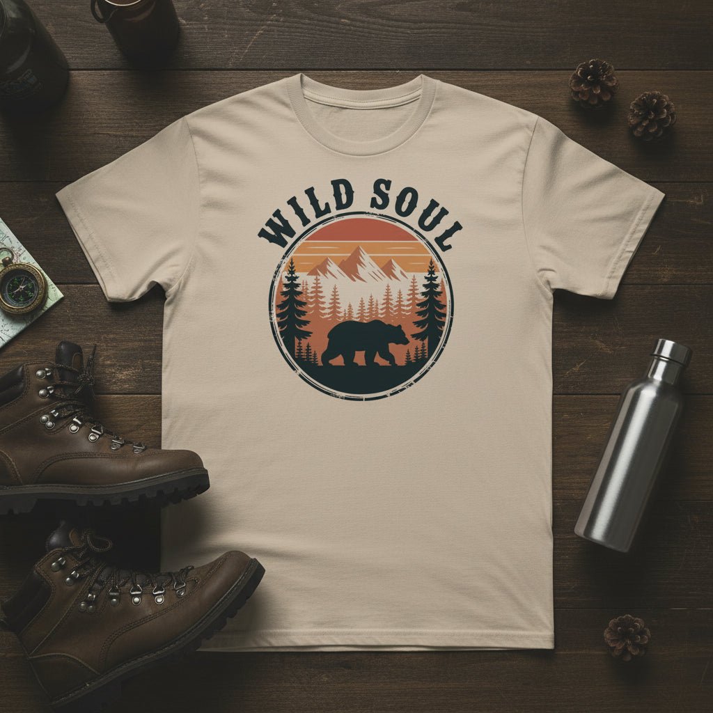 Bear camping graphic t-shirt, cream crew neck with circular Wild Soul logo