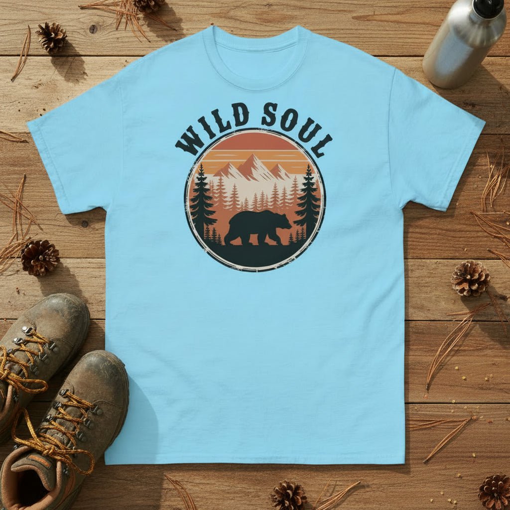 Bear camping graphic t-shirt, light blue crew neck with circular Wild Soul logo