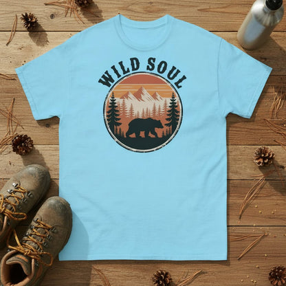 Bear camping graphic t-shirt, light blue crew neck with circular Wild Soul logo