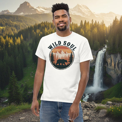 Men's white T-shirt with Wild Soul bear camping badge graphic