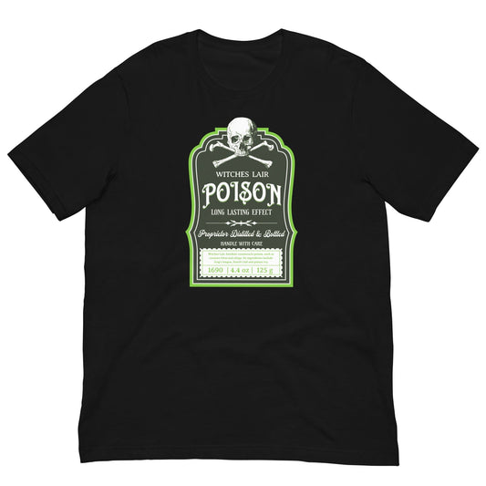 Black T-shirt with green border skull graphic and Poison typography on chest.