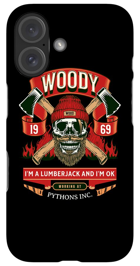 Black phone case with WOODY badge, crossed axes, skull lumberjack art; dual camera cutout.