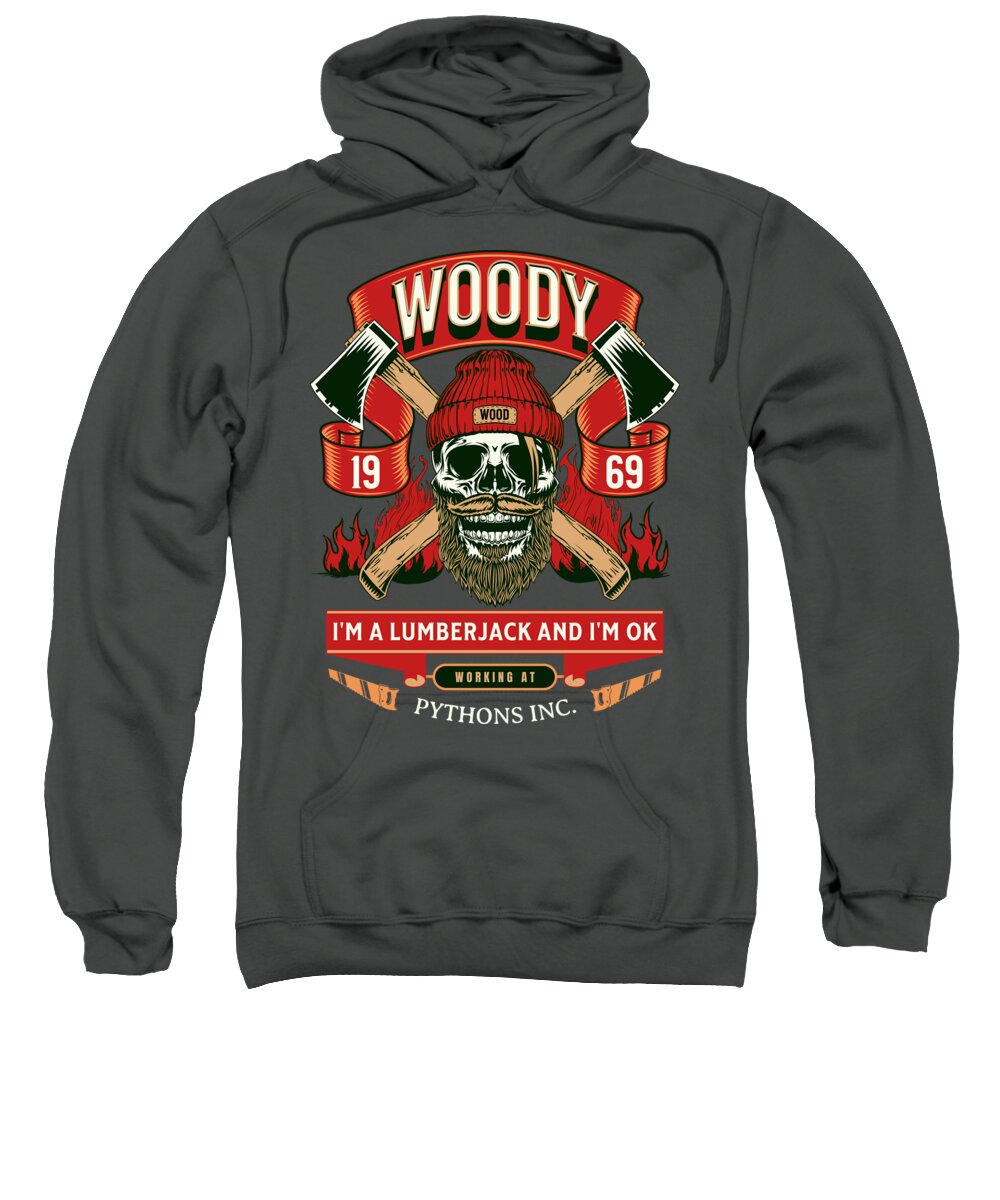 Charcoal hooded sweatshirt with front lumberjack graphic and kangaroo pocket