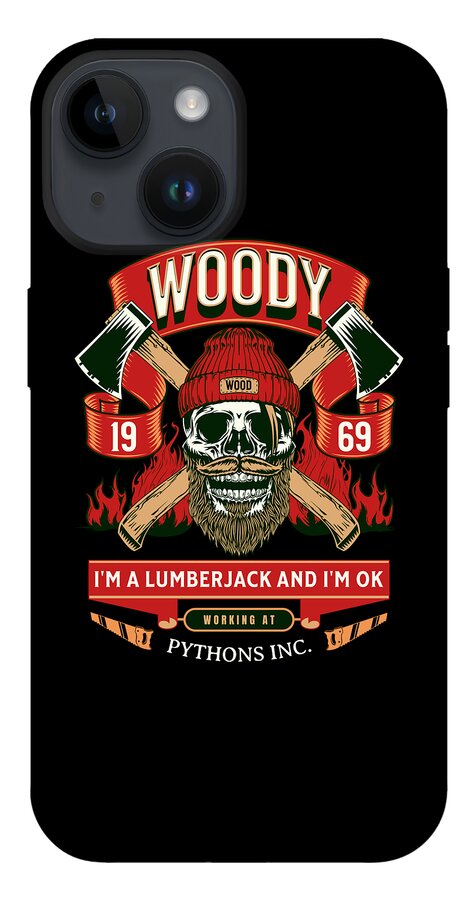 Woody the Lumberjack phone case, black rear with skull, axes, barrels 19 and 69 design.