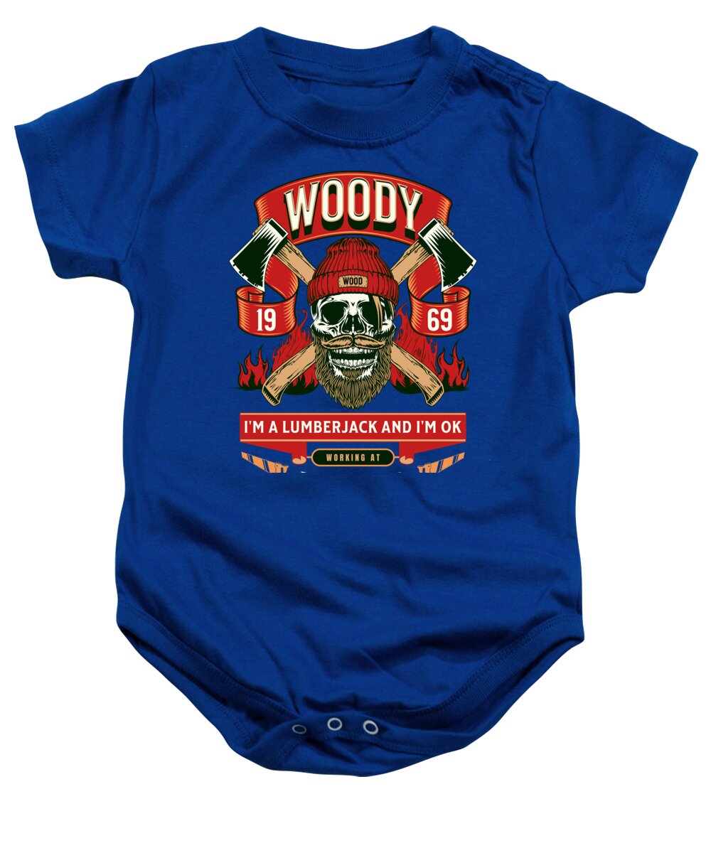 Royal blue baby onesie with Woody lumberjack graphic and snap bottom