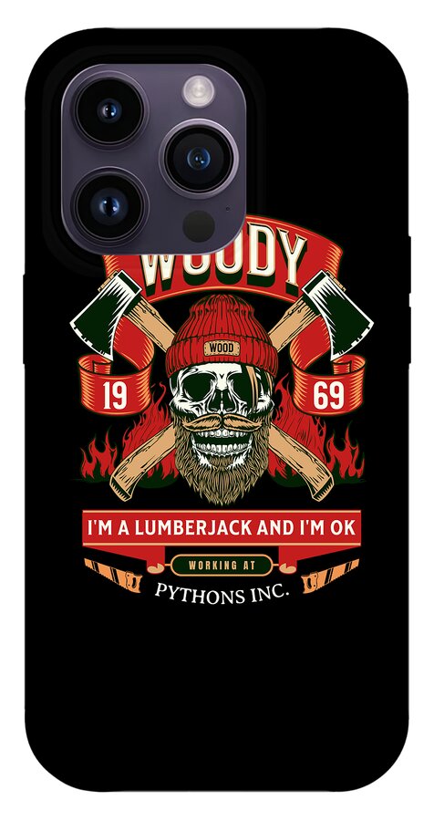 Woody the Lumberjack phone case, gray back showing skull, axes, and red WOODY banner.