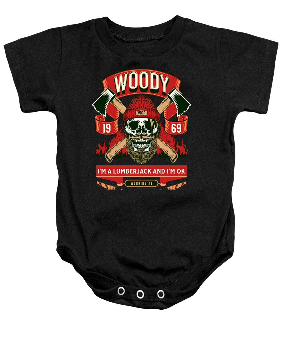 Black baby onesie with front lumberjack graphic and snap-button bottom opening