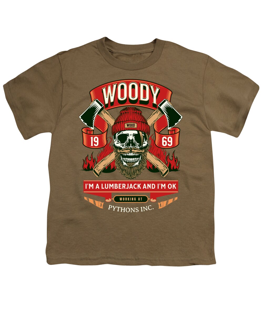 Brown youth t-shirt with front lumberjack graphic and 'Woody' text