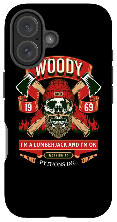 Black phone case with WOODY badge, crossed axes, skull lumberjack art; triple camera cutout.