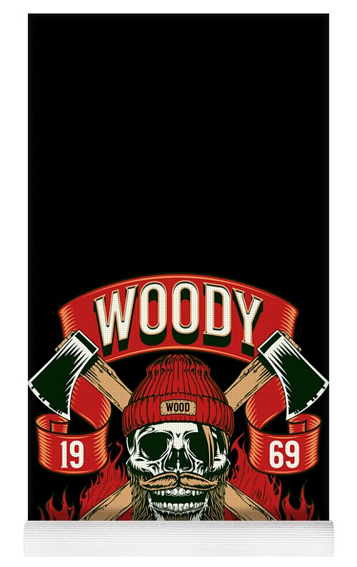 Yoga mat with Woody lumberjack skull and axes graphic, white non-slip edge on black