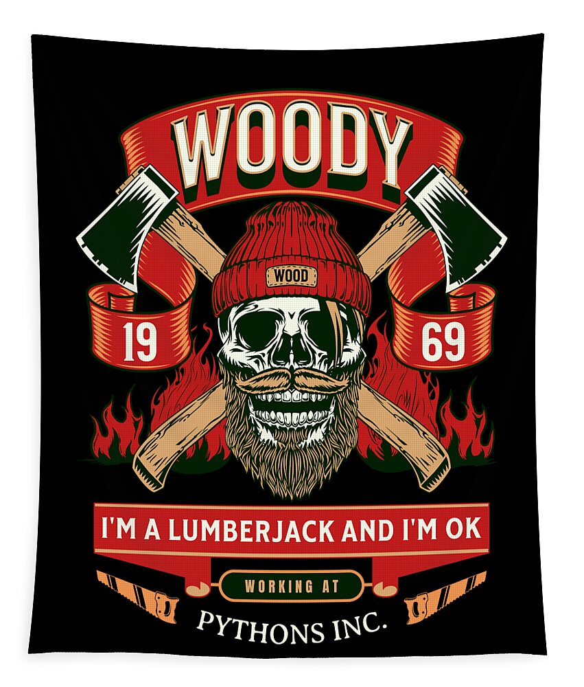 Black tapestry with Woody logo, skull in cap, crossed axes, 'I'M A LUMBERJACK' text