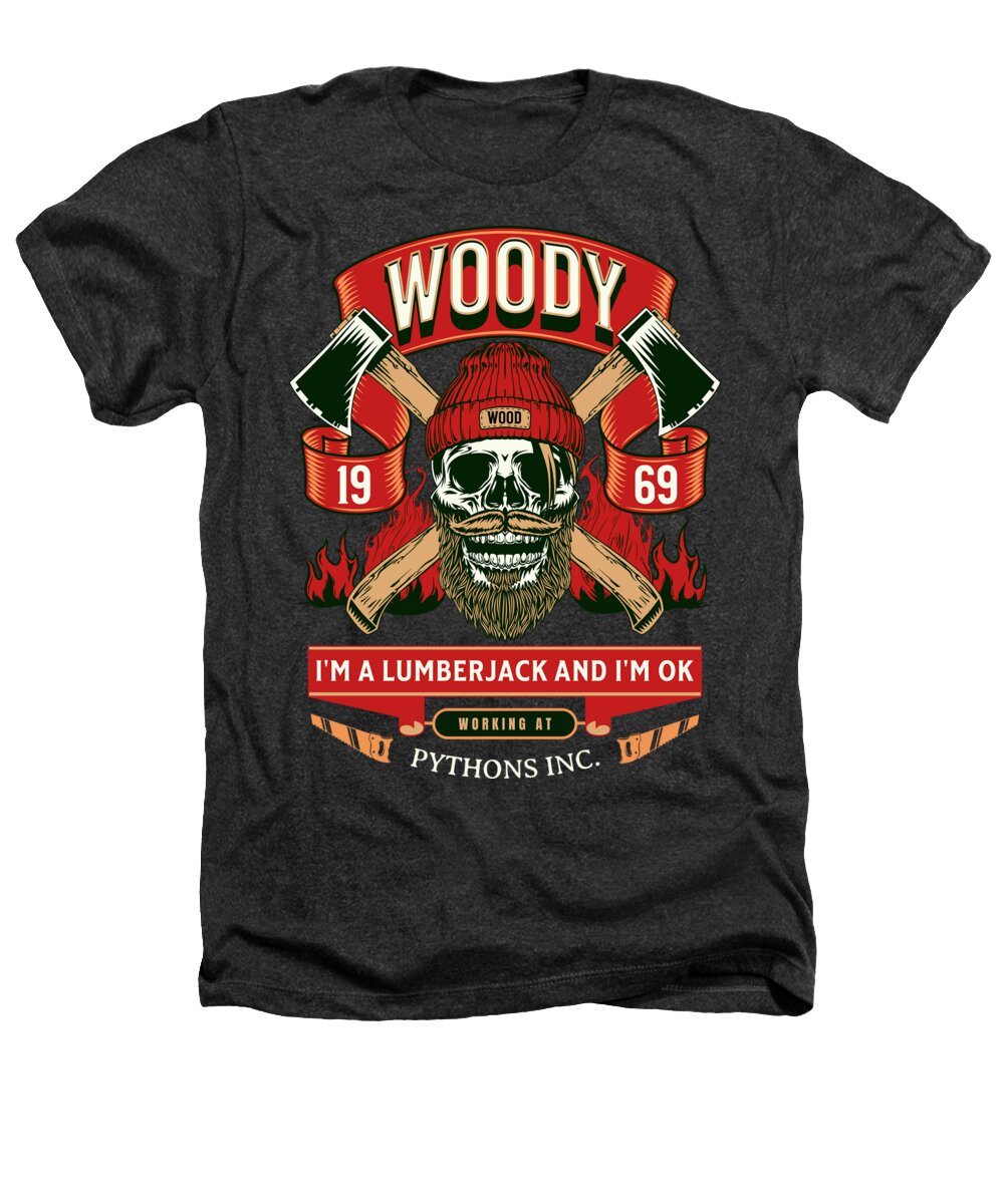 Heathers T-shirt, heather charcoal, front lumberjack skull graphic and slogan