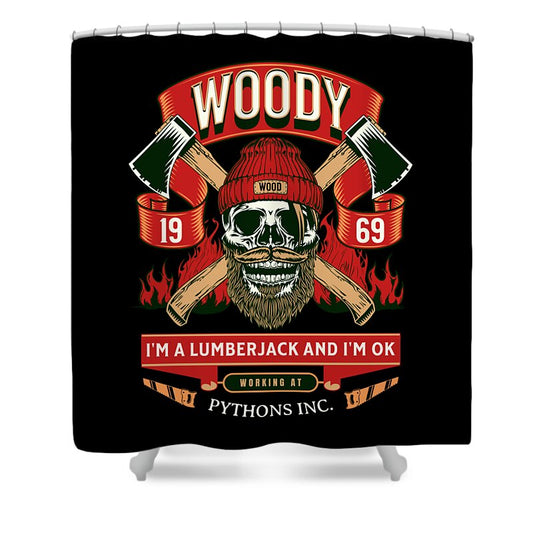 Shower curtain with black fabric and Woody lumberjack skull graphic, axes and red text