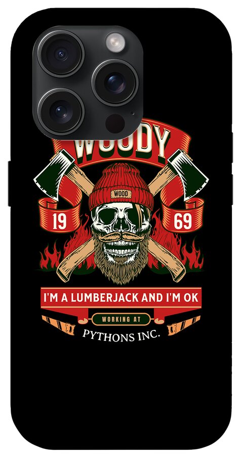Black phone case with Woody lumberjack skull graphic, red banner and axe design