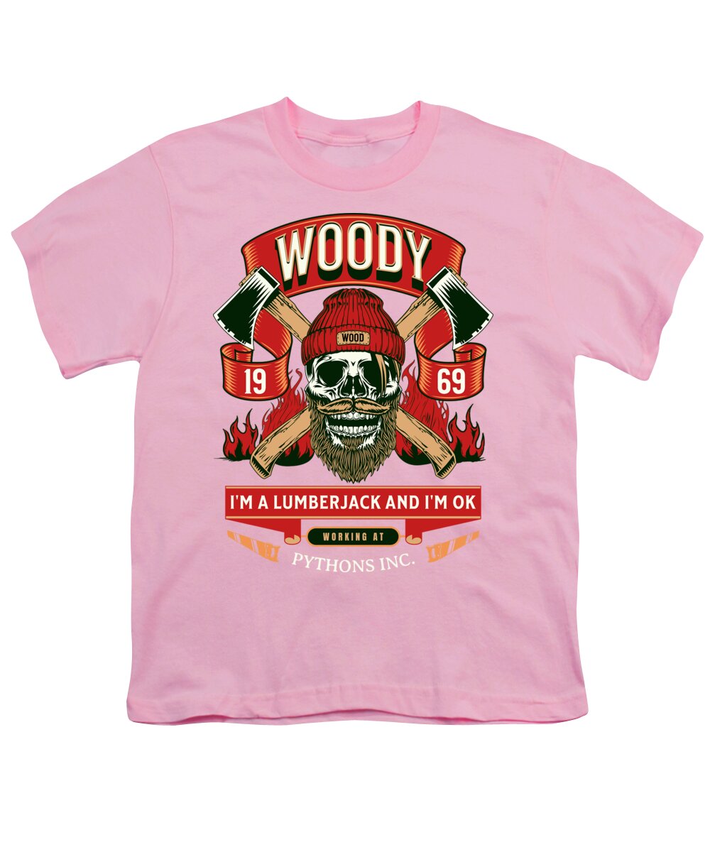 Pink youth t-shirt with front lumberjack graphic and 'Woody' text