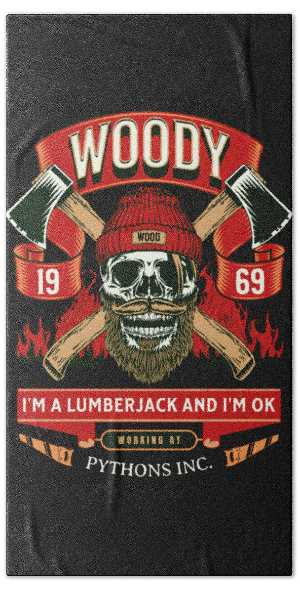 Black beach towel with Woody lumberjack graphic, skull face, red 'WOODY' banner.