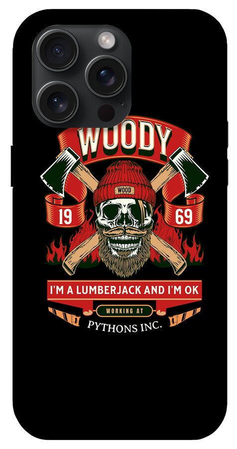 Woody the Lumberjack phone case, black back with skull and crossed axes graphic.