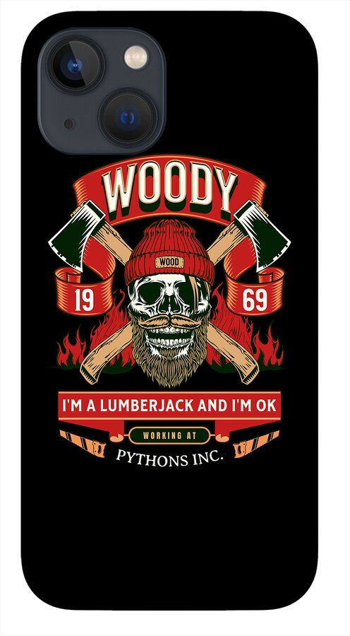 Woody the Lumberjack phone case, black back with skull, crossed axes, and red WOODY banner.