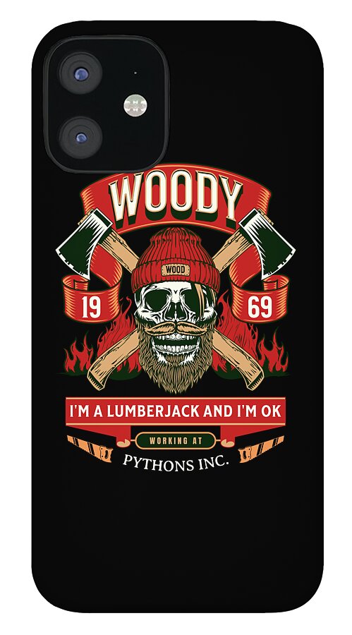 Black phone case featuring Woody text, skull and crossed axes, flames, and ribbon banner; camera cutout