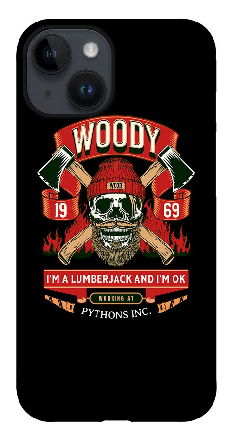 Woody the Lumberjack phone case on dark background, red WOODY banner over skull graphic.