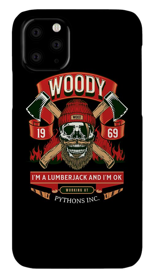 Black phone case with Woody lumberjack skull and 'PYTHONS INC.' lettering