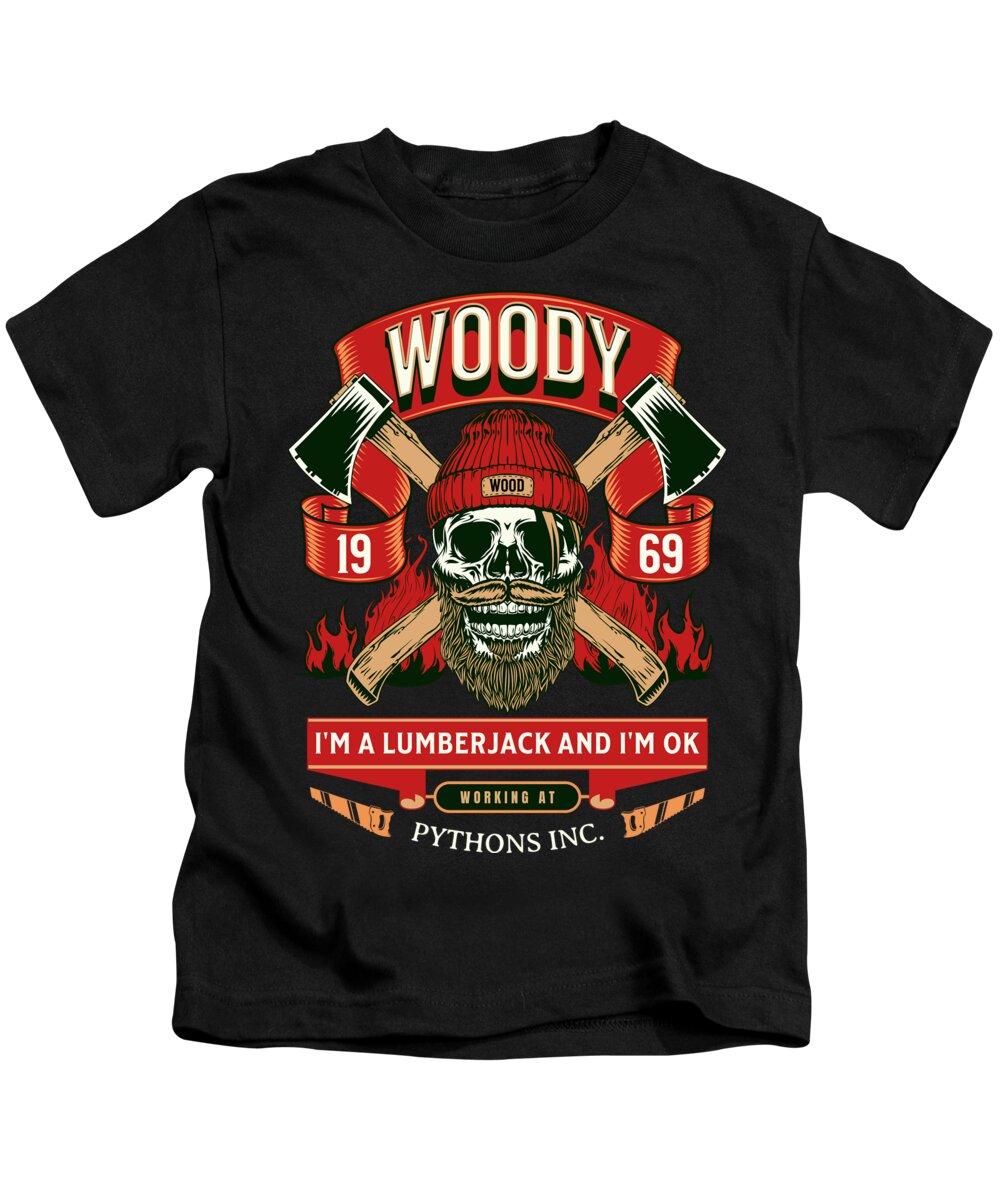 Kids black T-shirt with colorful lumberjack skull graphic and patch-style numbers