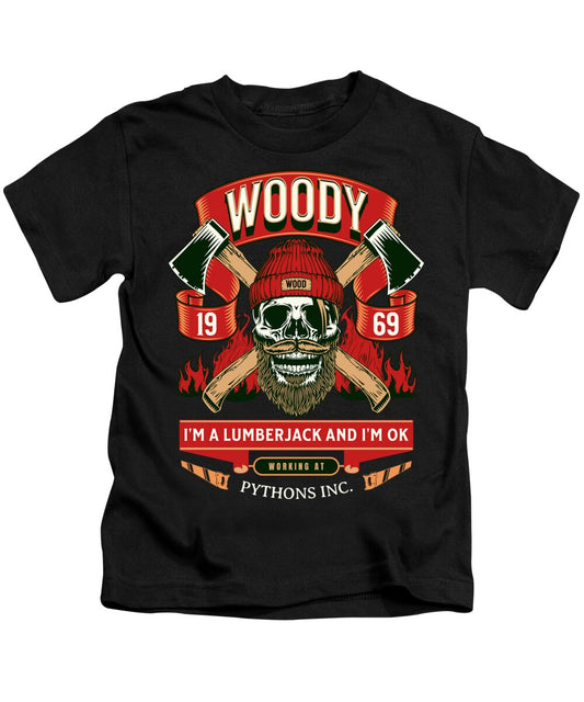 Kids black T-shirt with colorful lumberjack skull graphic and patch-style numbers