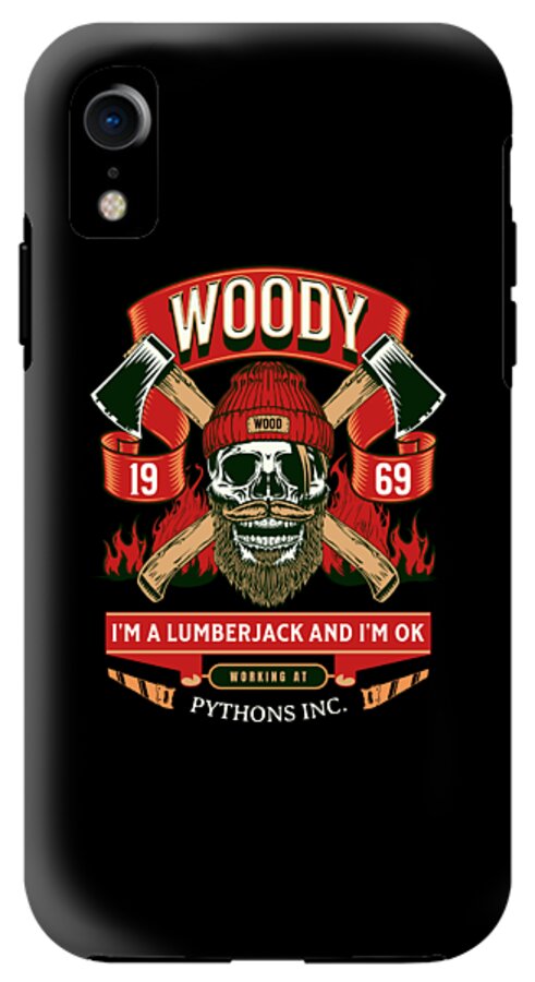 Black phone case with WOODY badge, crossed axes, skull lumberjack art and quote text.