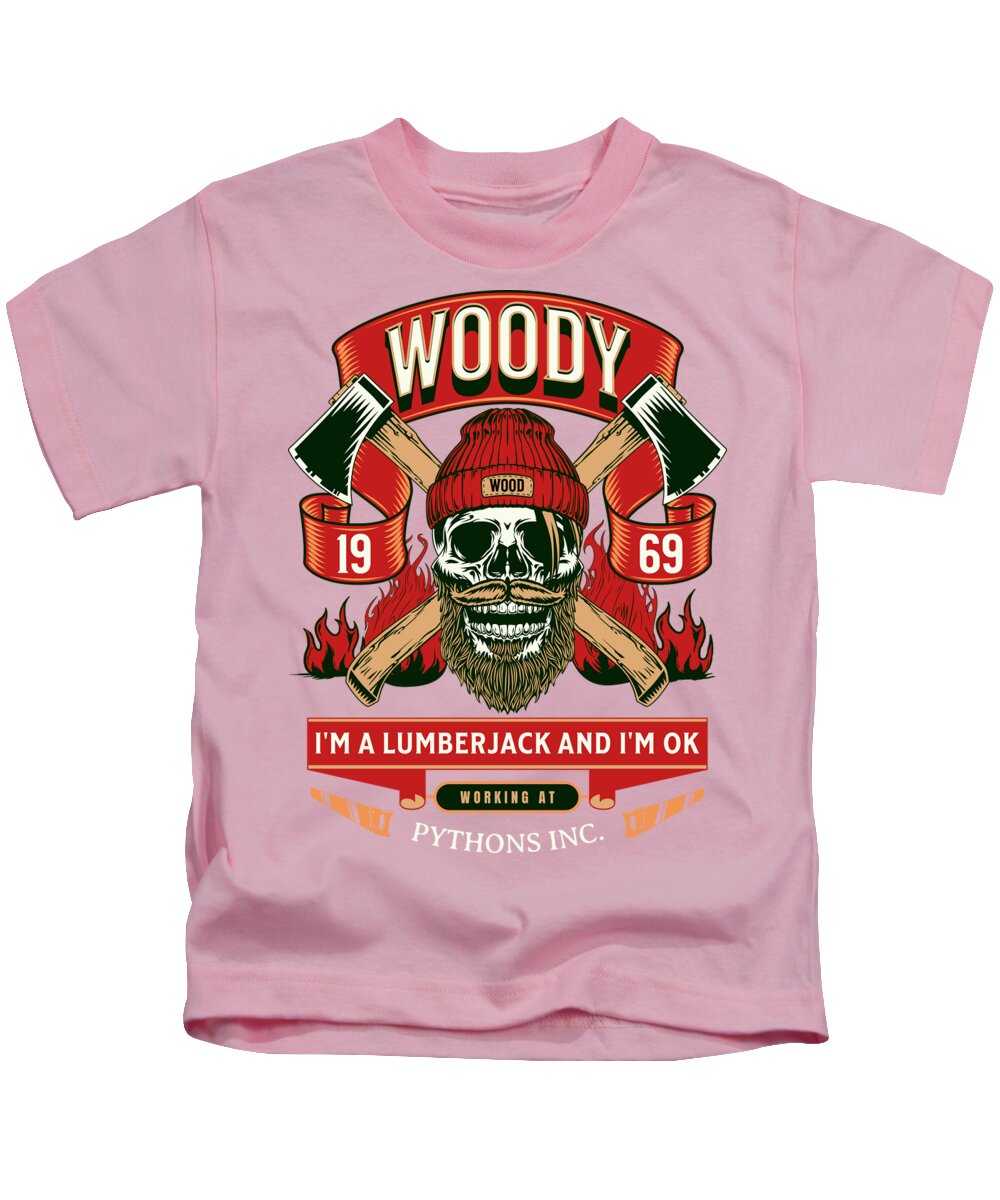 Kids pink T-shirt with lumberjack skull graphic, flames, and patch-style number badges