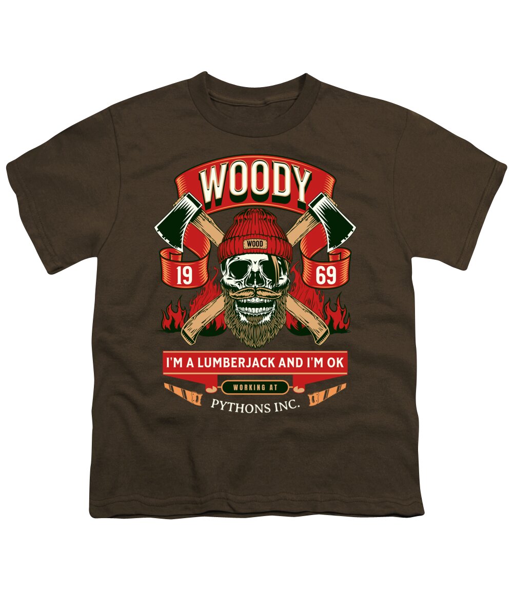 Youth brown T-shirt with “WOODY” lumberjack graphic and skull logo on front.