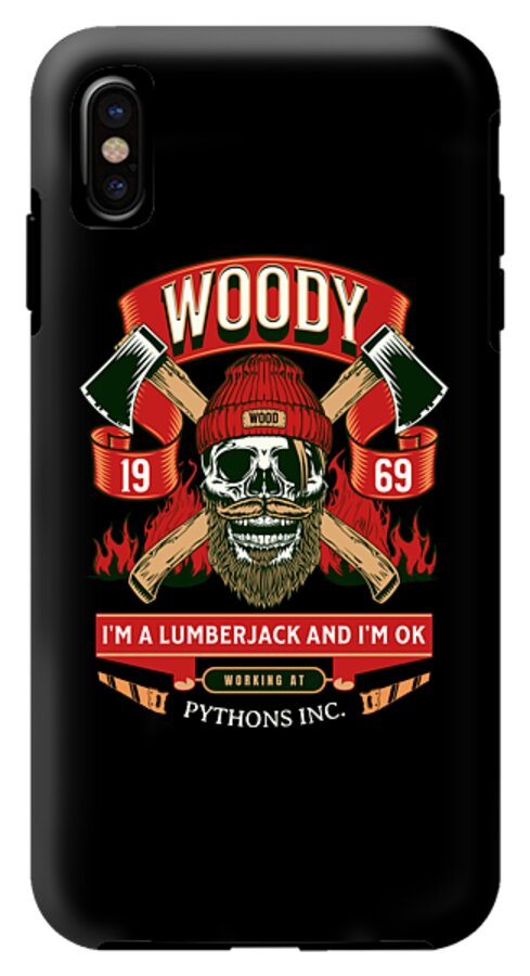 Black phone case with WOODY badge, crossed axes, skull lumberjack art and quote text.