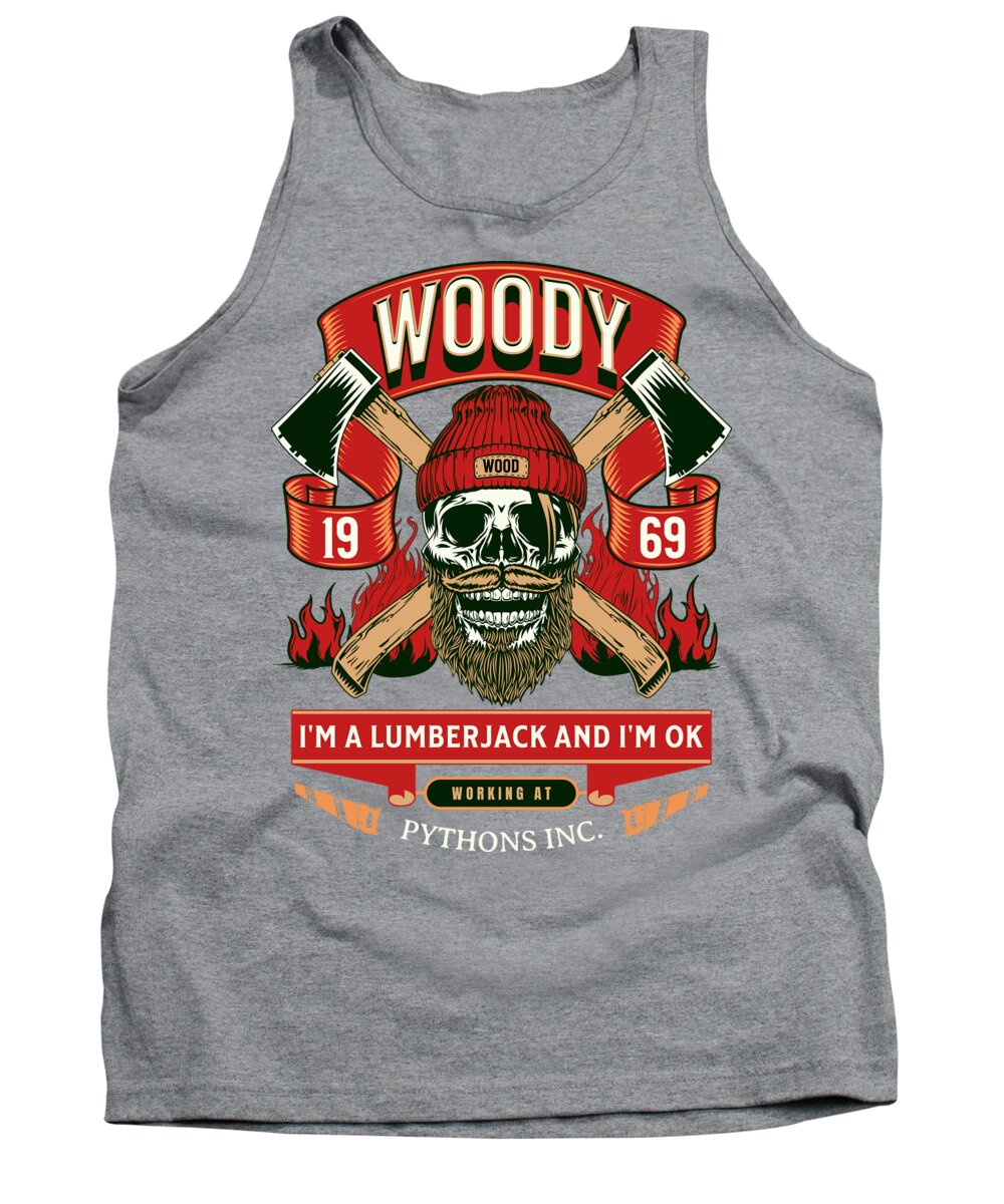 Heather gray tank top with lumberjack skull graphic and red flame lettering in front.