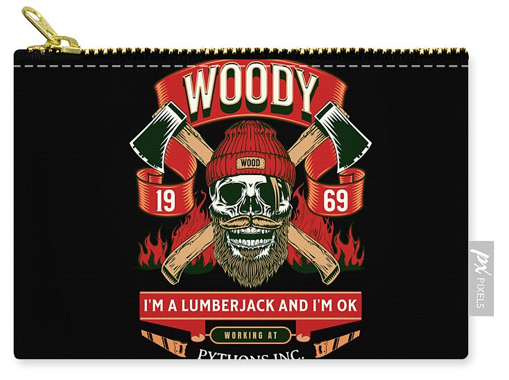 Black zip pouch with gold zipper pull and lumberjack skull graphic with crossed axes