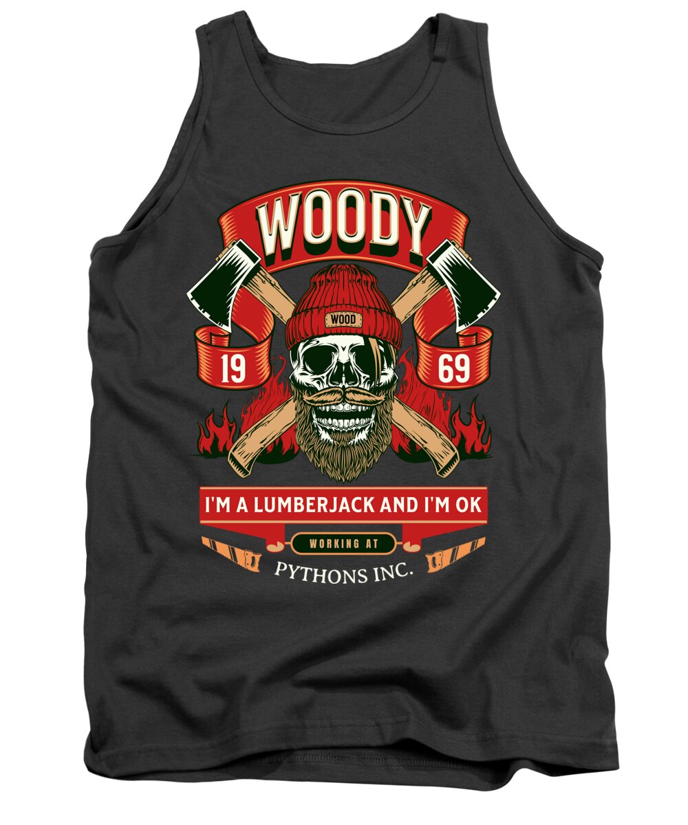 Charcoal tank top with lumberjack skull graphic and red flame lettering in front.