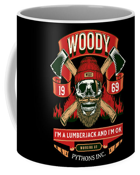 Lumberjack themed mug, black with WOODY logo, skull and crossed axes graphic