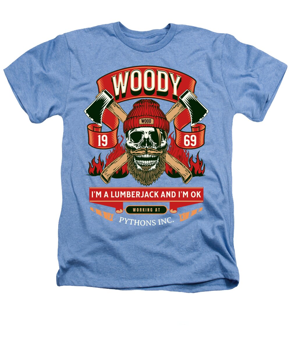 Heathers T-shirt, heather light blue, front lumberjack skull graphic and slogan