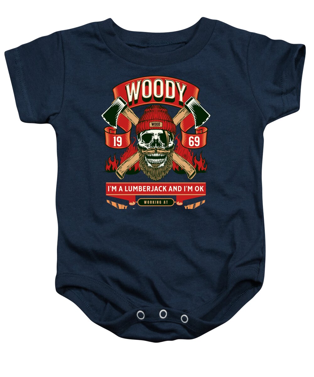 Dark navy baby onesie with front lumberjack graphic and snap-button bottom opening