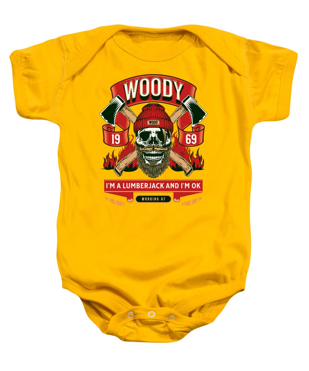 Yellow baby onesie with front lumberjack graphic and snap-button bottom opening