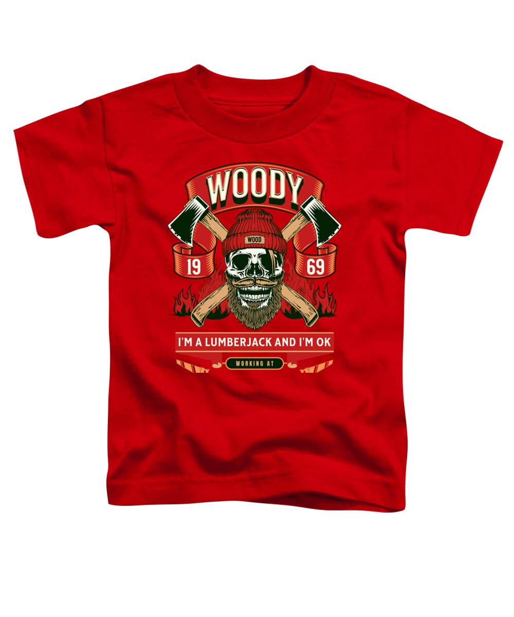 Toddler T-shirt in red with front Woody lumberjack graphic and slogan text