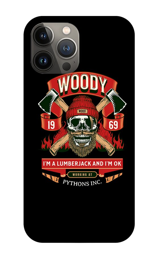 Black Woody phone case showing skull, crossed axes, flames, and banner text; camera lenses visible