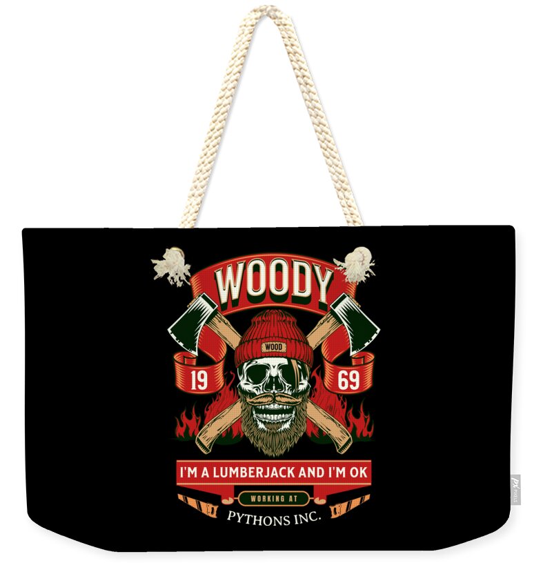 Weekender tote bag with Woody lumberjack skull front print and rope handles