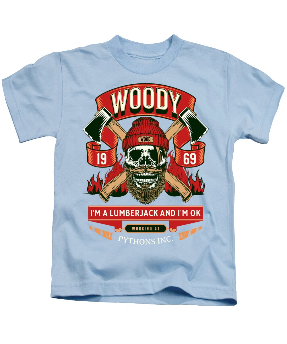 Kids pale blue T-shirt with lumberjack skull graphic and red ribbon slogan print