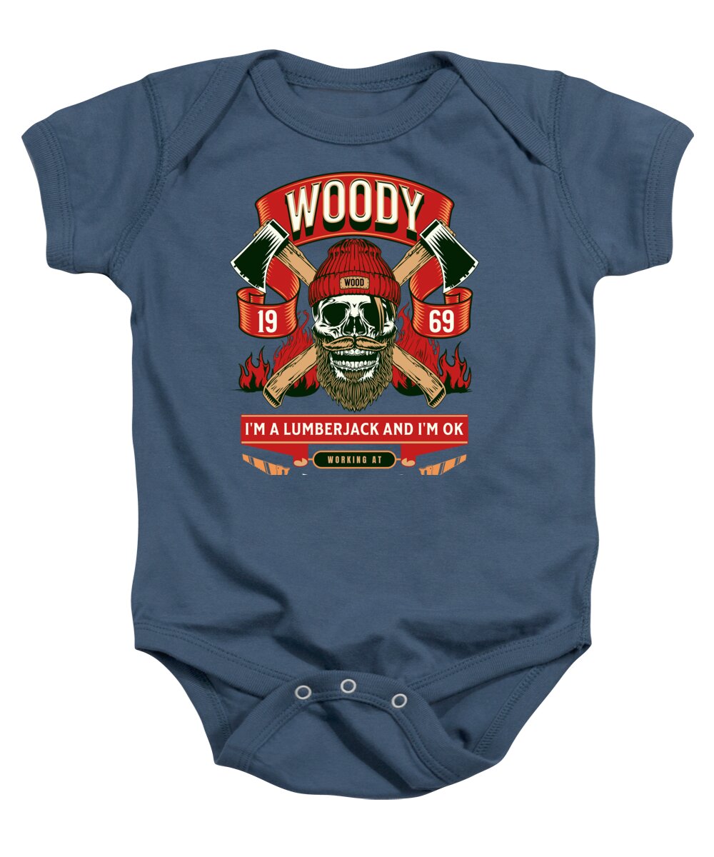 Navy blue baby onesie with front lumberjack graphic and snap-button bottom opening