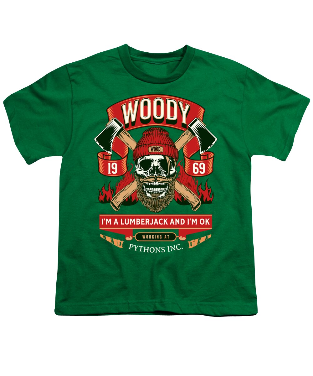 Youth green T-shirt with “WOODY” lumberjack graphic and skull logo on front.