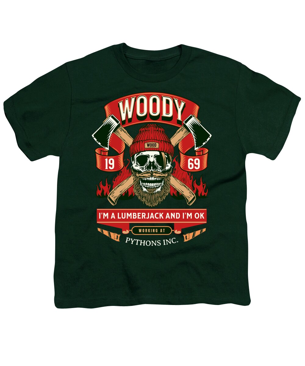 Youth dark green T-shirt with “WOODY” lumberjack graphic and skull logo on front.