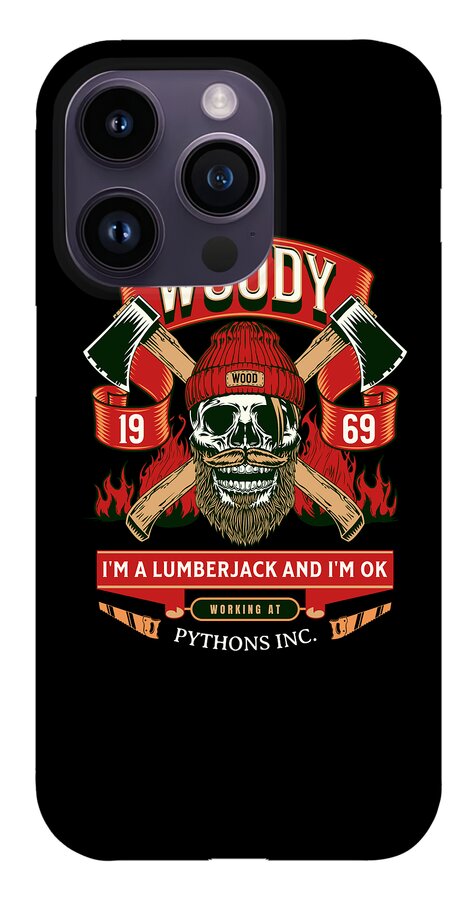 Woody the Lumberjack phone case with gray phone back, skull and crossed axes graphic.