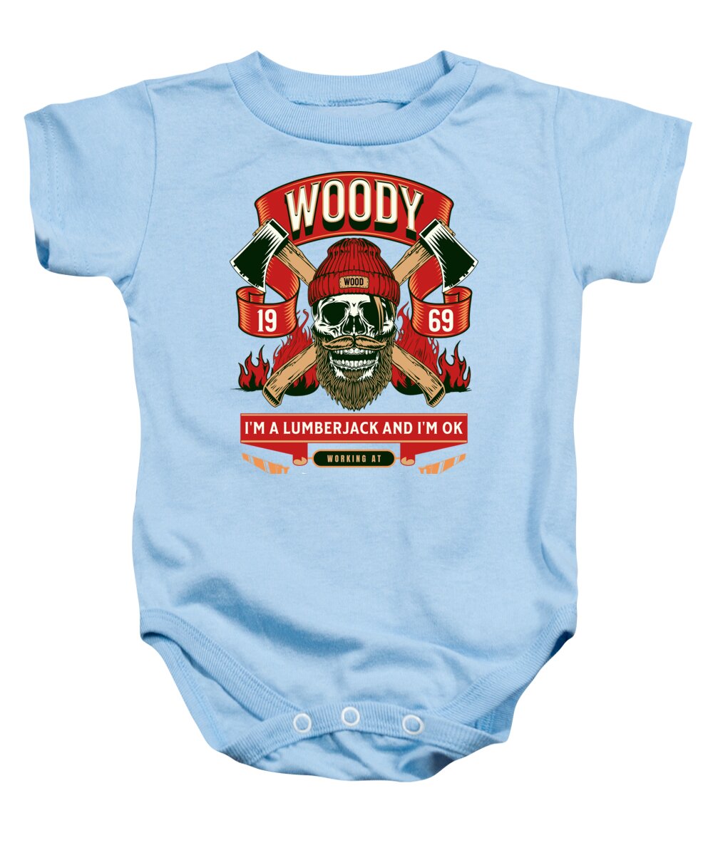 Light blue baby onesie with front lumberjack graphic and snap-button bottom opening